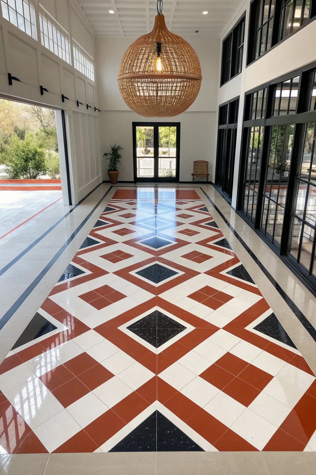 Geometric faux-tile epoxy floor with crisp diamond lines and an ultra-gloss finish.