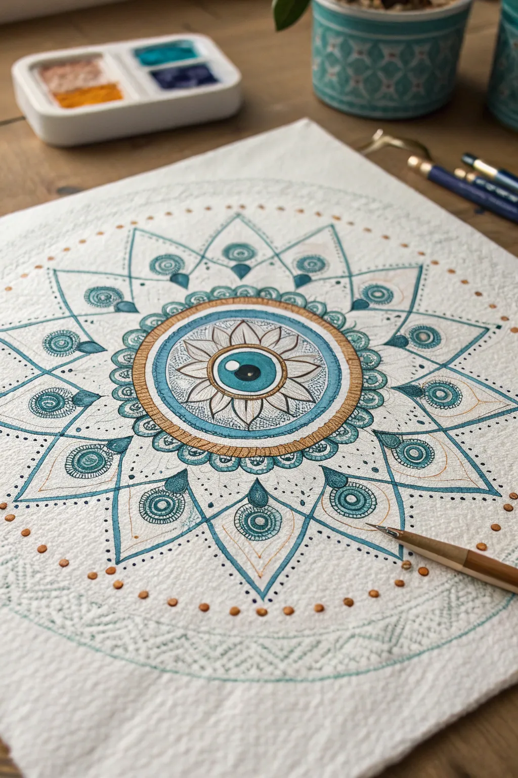 Bold blue evil eye mandala, perfectly centered symmetry with minimalist Scandinavian boho charm