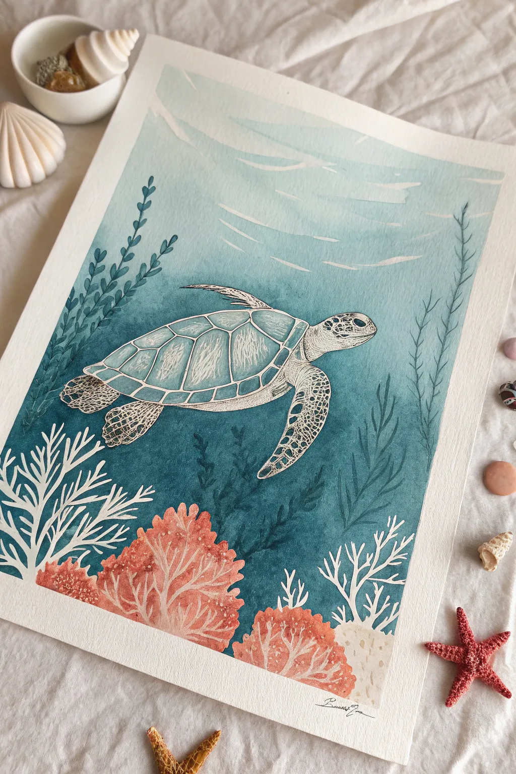 Sea turtle sketch inspiration: bold shell patterns and dreamy coral haze in minimalist colors.