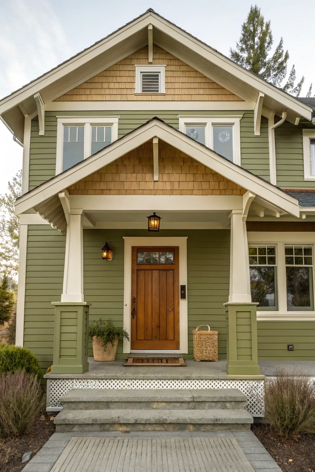 Earthy green Craftsman siding with warm trim and glowing eave brackets for timeless curb appeal