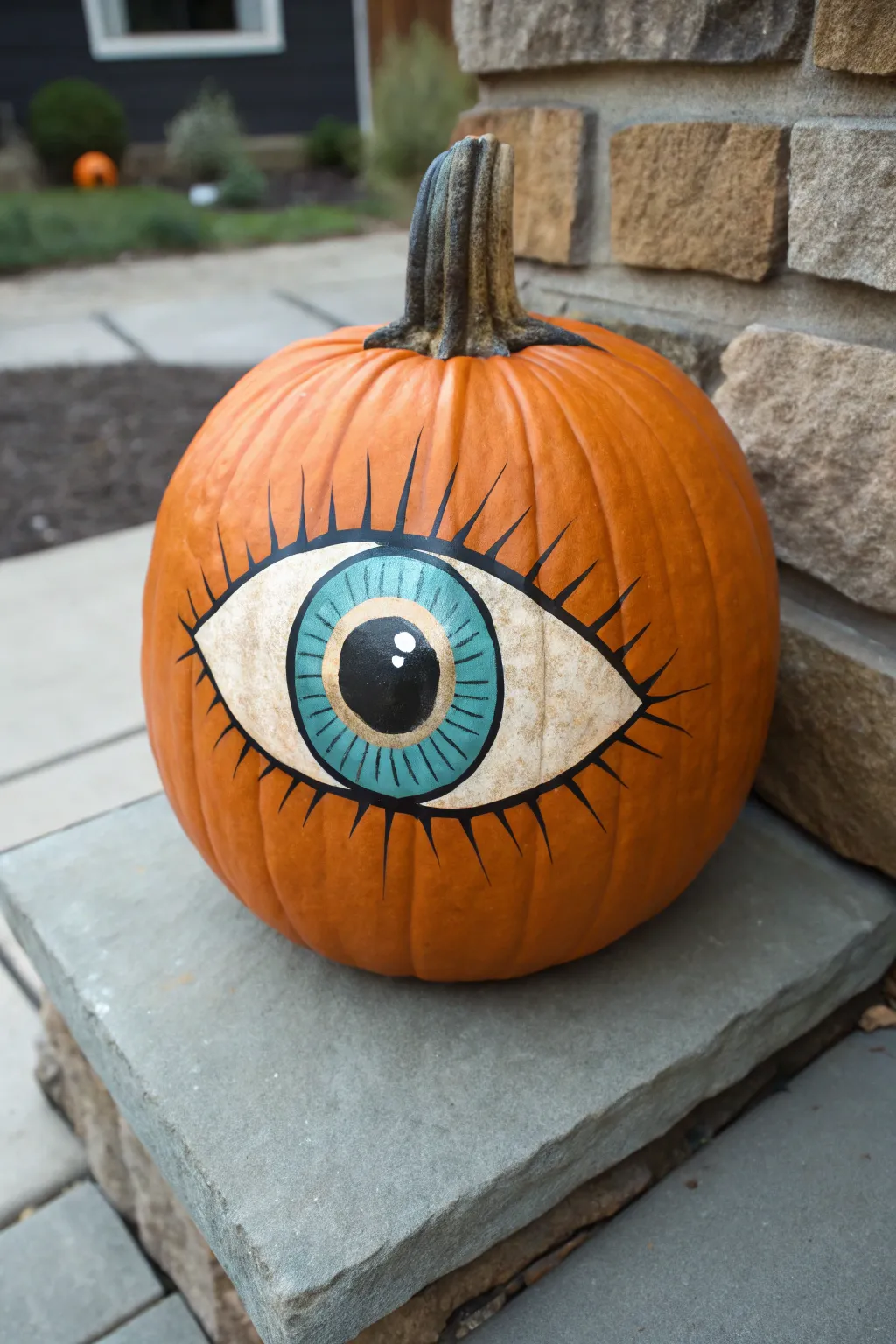 Wide-open eye pumpkin illusion with bold iris detail, minimalist porch styling, high contrast.