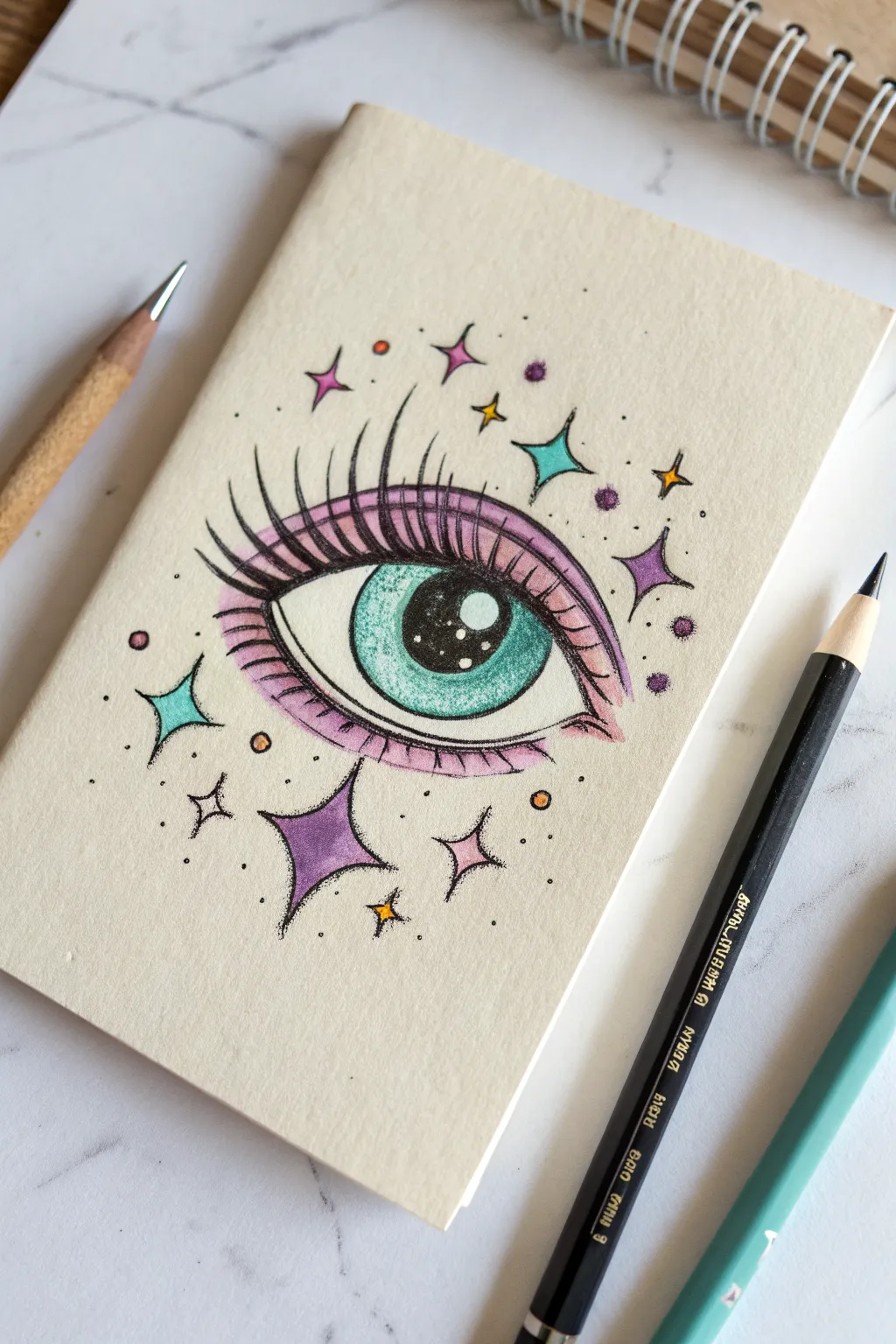 Anime sparkle eye with layered stars and bold lashes, minimal Scandinavian look with boho color pop