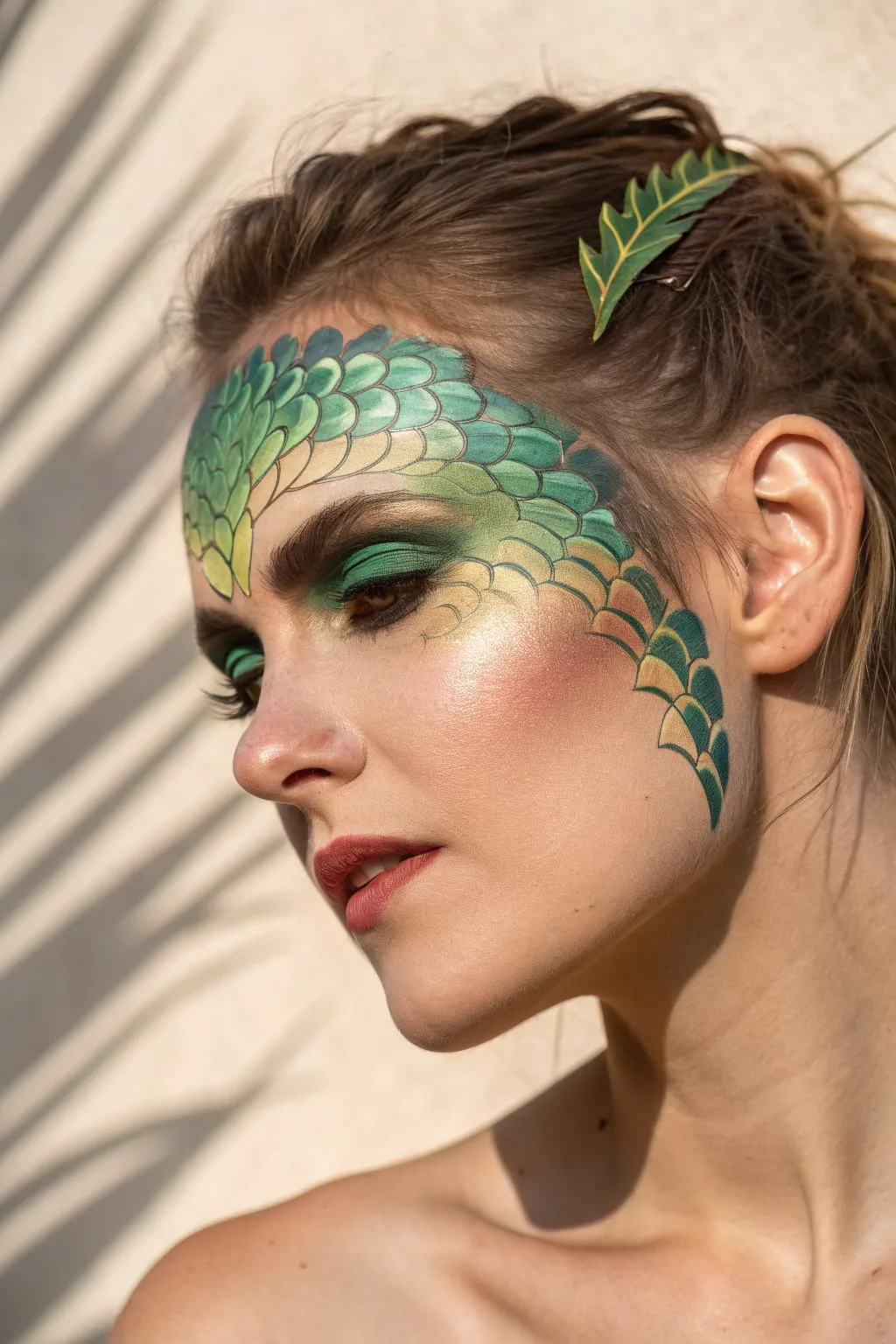 Dragon brow-to-cheek sweep with layered metallic scales and horn detail, bold yet minimalist