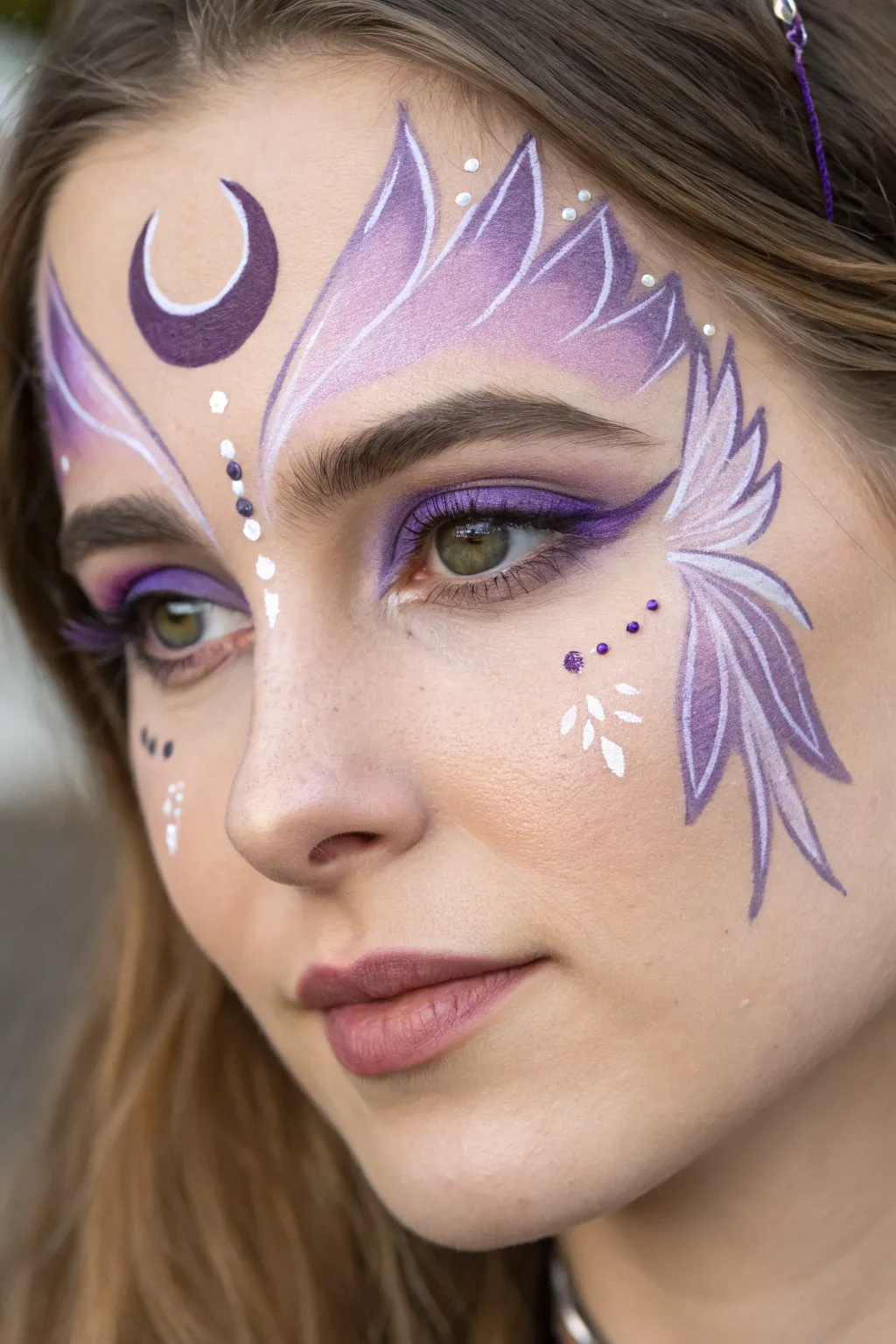 Moonlit lavender fairy face paint with crescent moon, airy swirls and teardrop sparkles