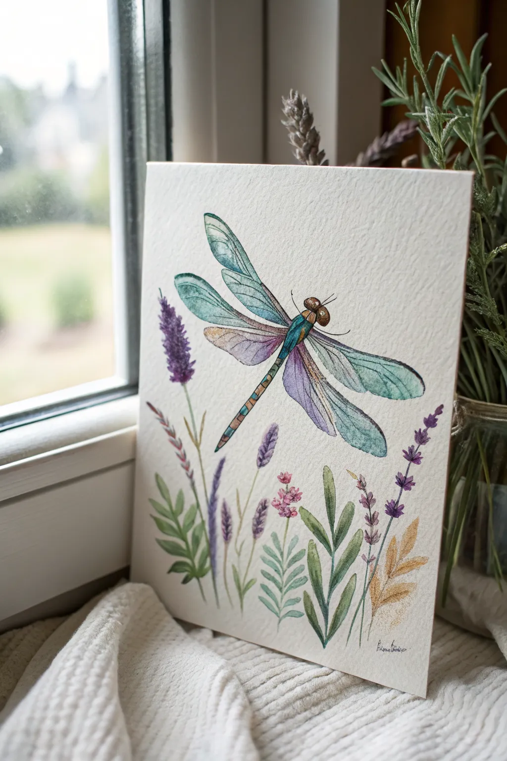 Magical fairy riding an iridescent dragonfly above lavender blooms in Nordic boho minimal style