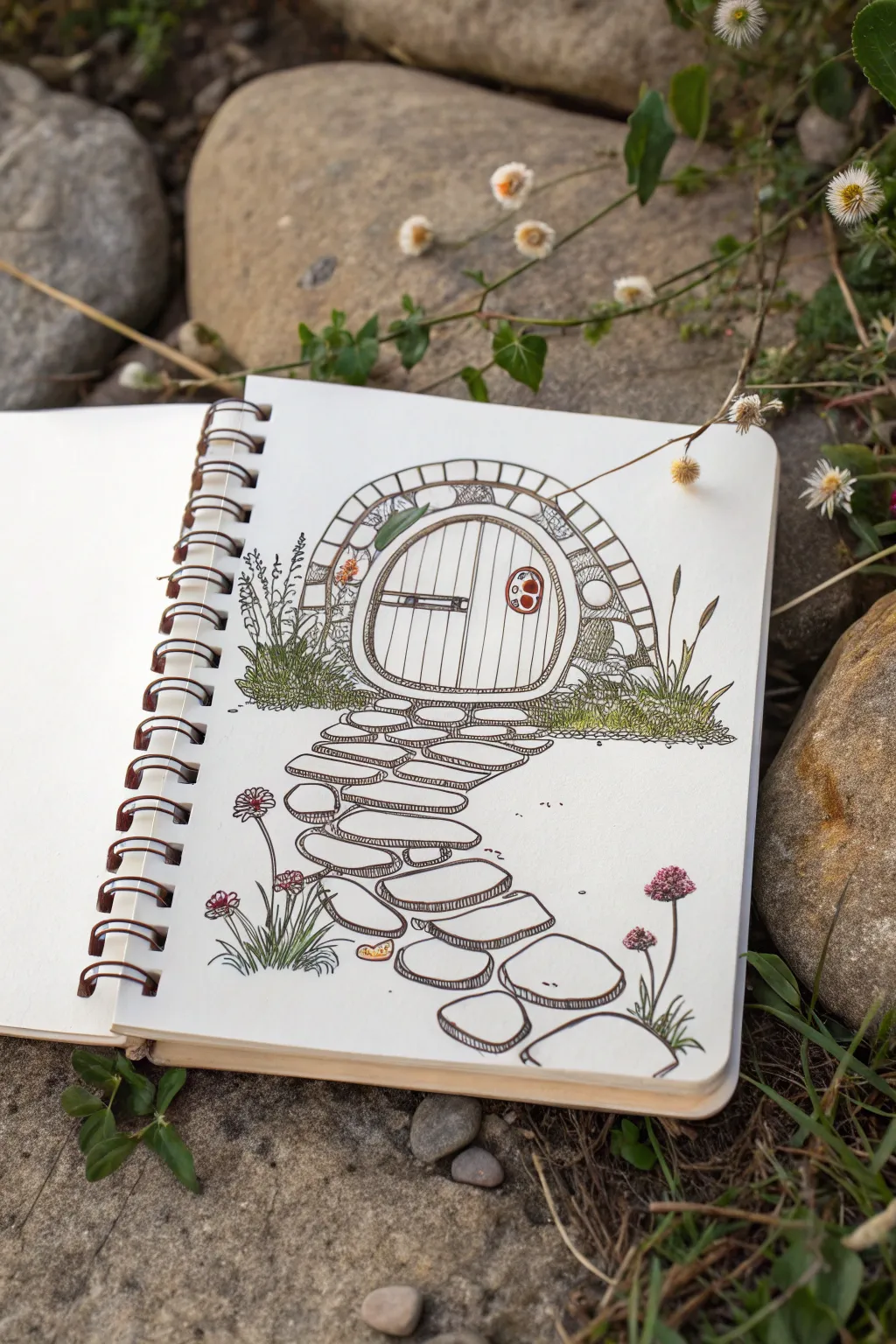 Stone pathway fairy house drawing, minimal Scandinavian palette with bold boho color accents