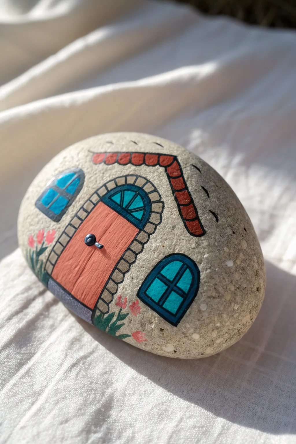 Paint a tiny fairy house on a smooth river stone with bold door color and simple shading.