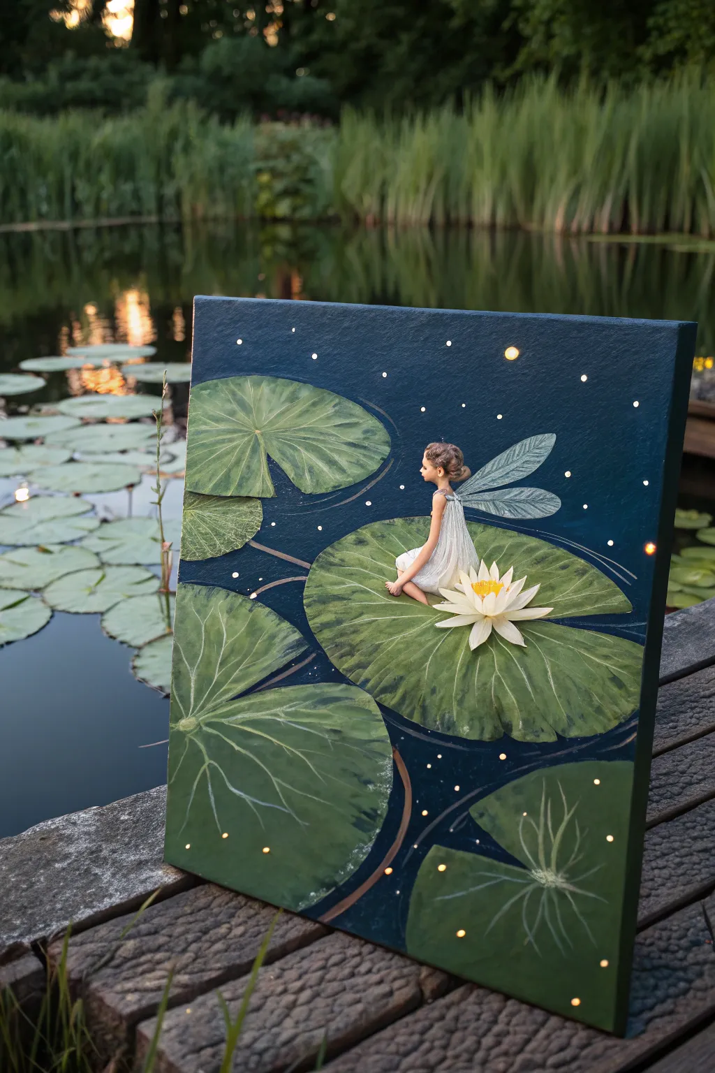 Night lily pad fairy artwork with glowing reflections, bold contrast, minimalist boho mood.