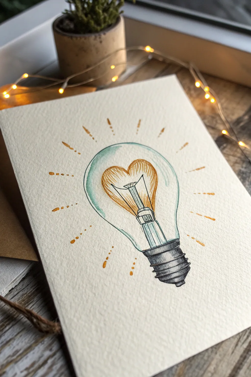 Simple faith drawing idea: glowing lightbulb with heart filament and be the light script