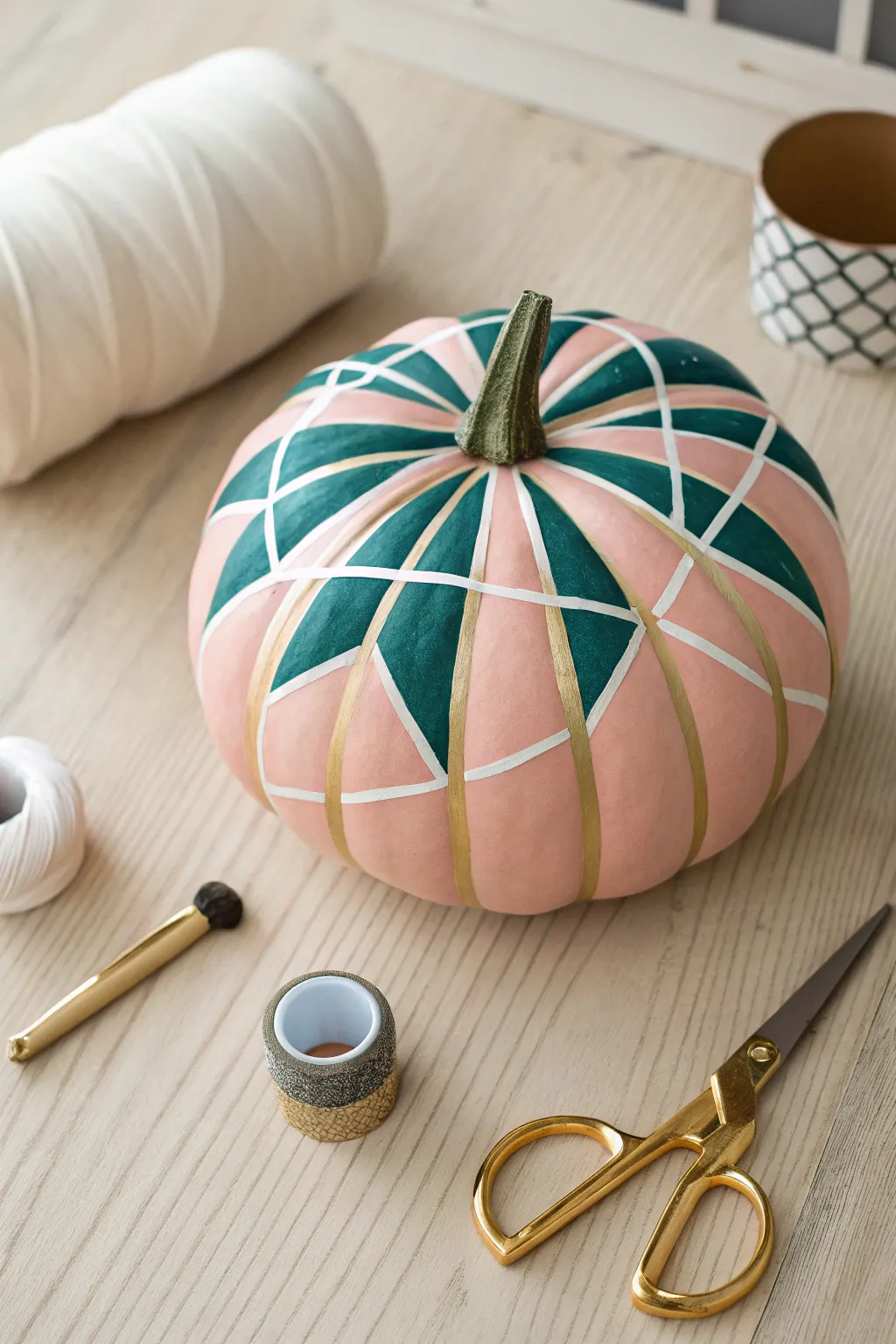 Minimalist geometric washi tape transforms a faux pumpkin into a bold, modern fall accent