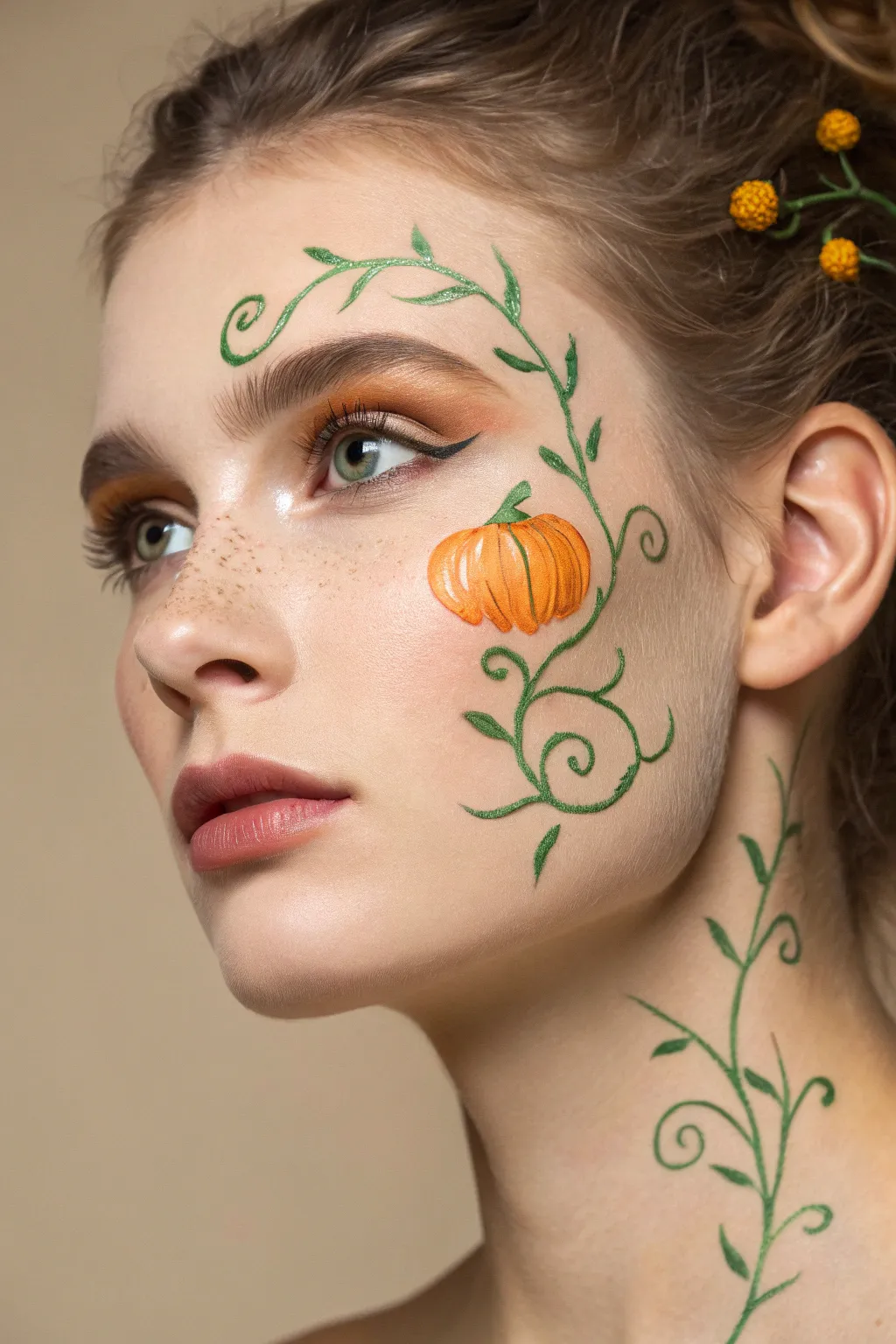 Mini pumpkin patch face paint with vine swirls around one eye, chic fall minimal boho vibe