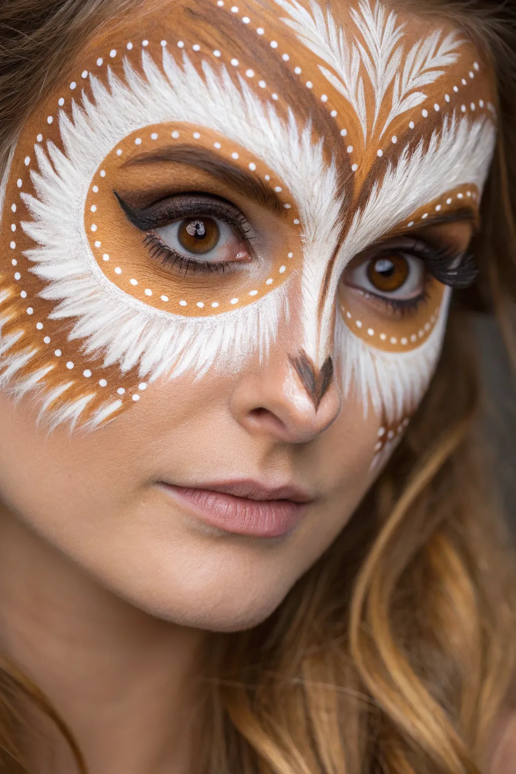 Barn owl eye rings face paint in warm fall tones, soft feathers and golden glow.