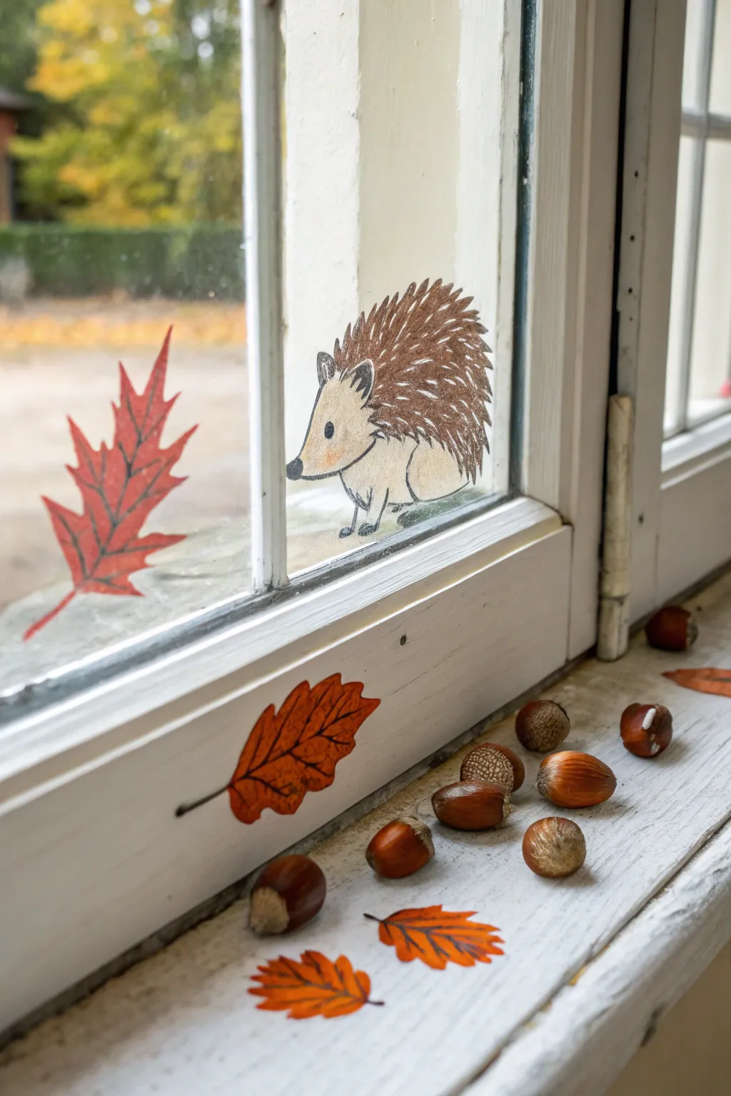 Cozy fall window art: a tiny hedgehog with acorns and leaf piles in warm earthy tones