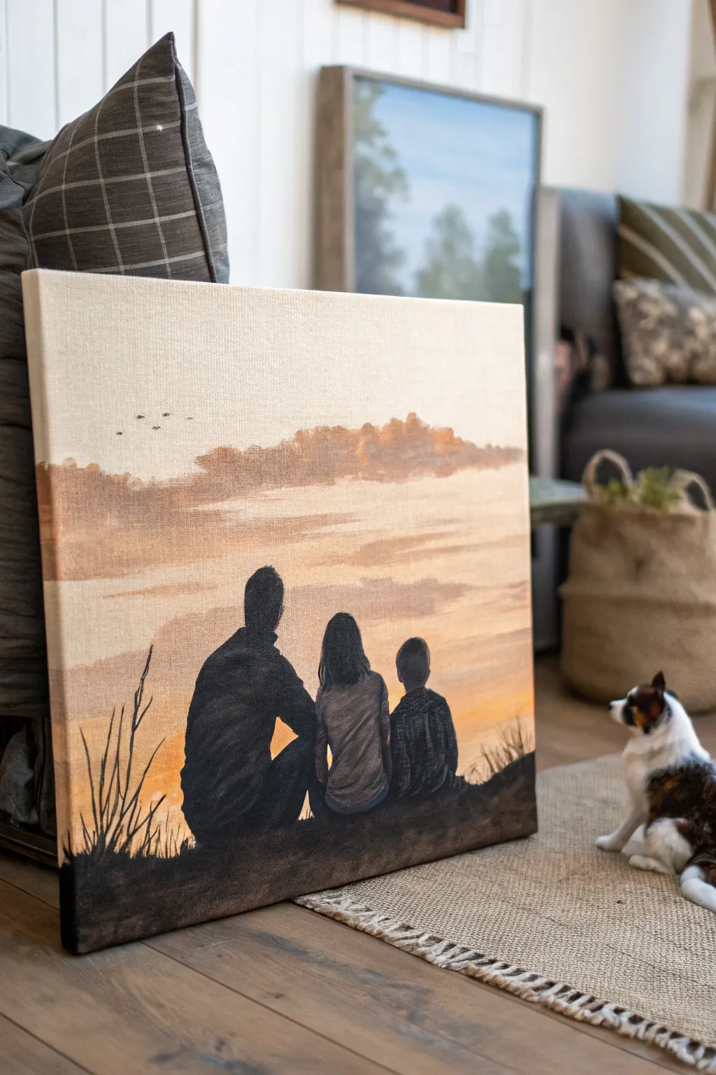 DIY family silhouette canvas with pet included, bold Scandinavian boho palette, clean and cozy