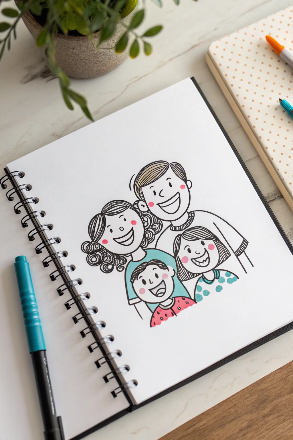 Cartoon family drawing idea with big expressions, bold colors, and clean minimalist charm