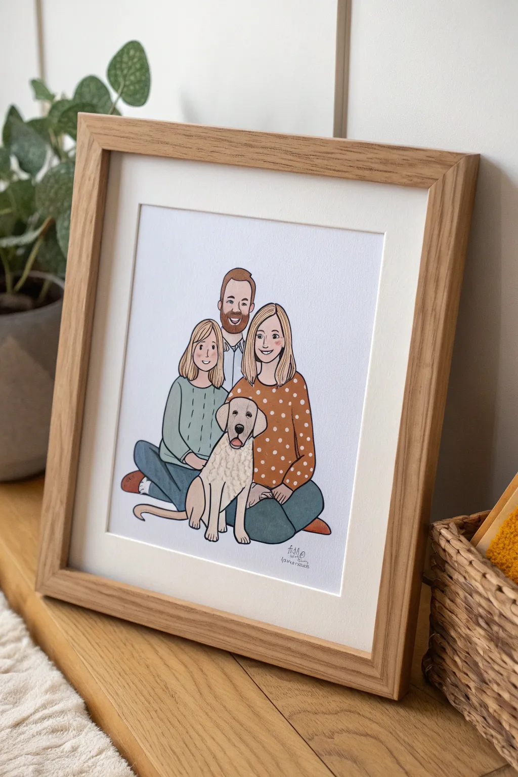 A Scandinavian-meets-boho framed family portrait that includes the pet for an extra-personal gift.