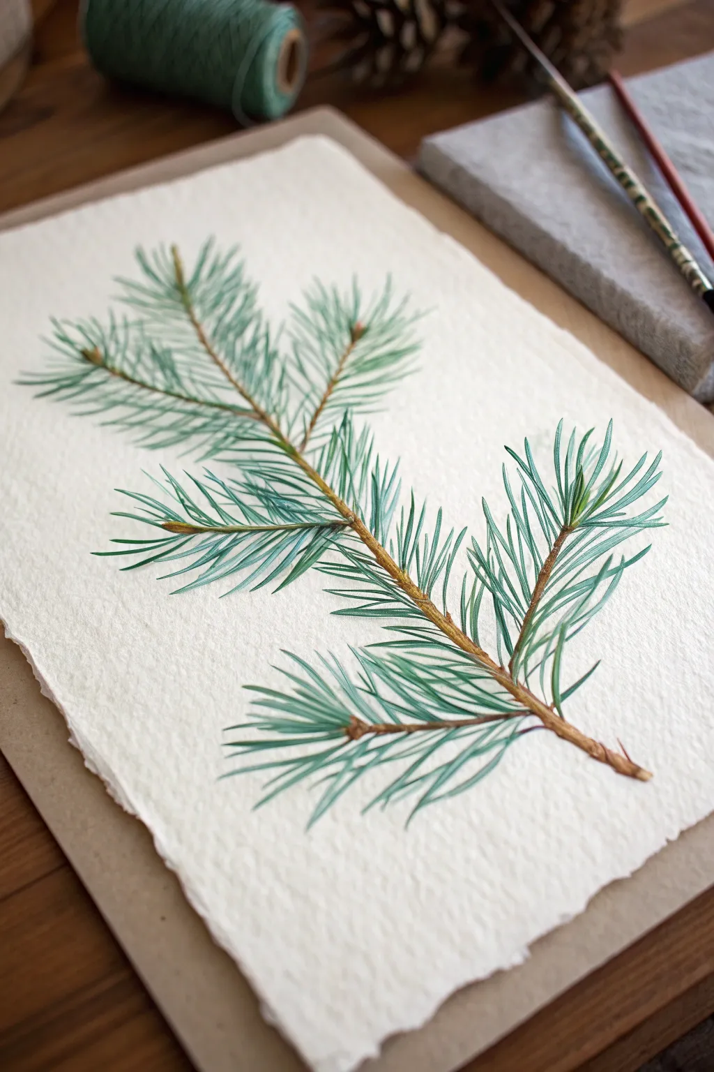 Pine needle close-up with fan brush strokes, crisp texture and bold greens on minimal white paper