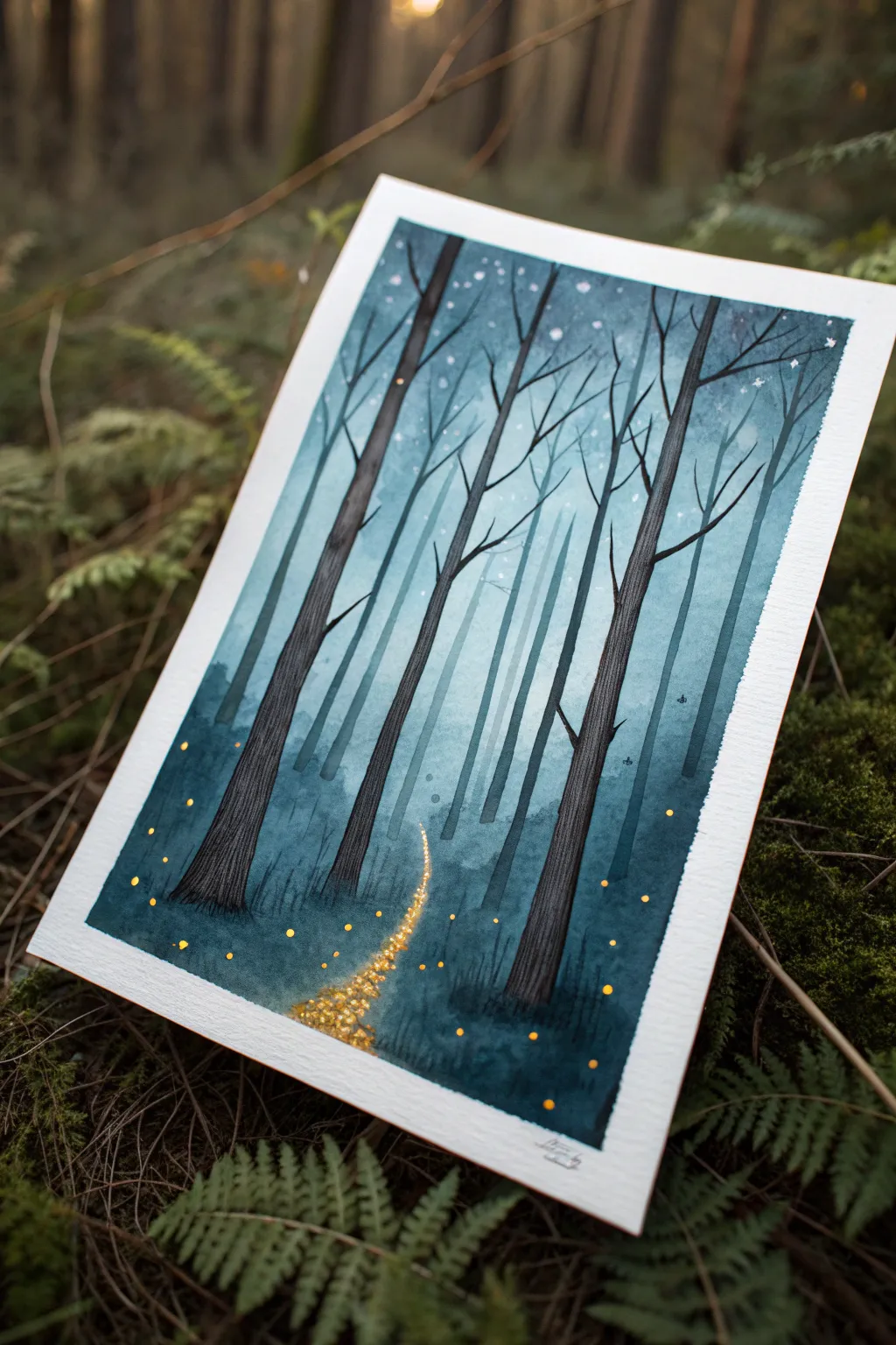 Easy fantasy watercolor: twilight trees with glowing fairy lights for a cozy minimalist vibe