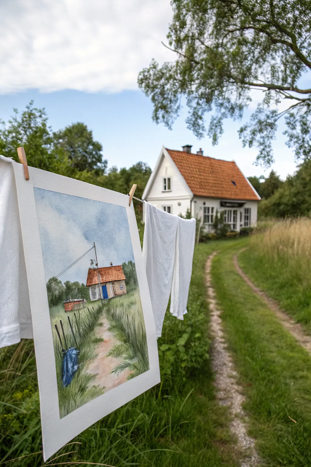 Minimal farmhouse and fluttering laundry line painting idea in bold Scandinavian boho colors