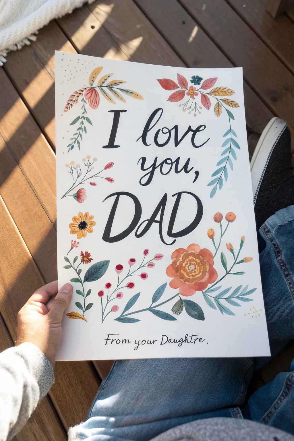 Minimalist Fathers Day watercolor lettering with bold florals, a heartfelt keepsake from daughter