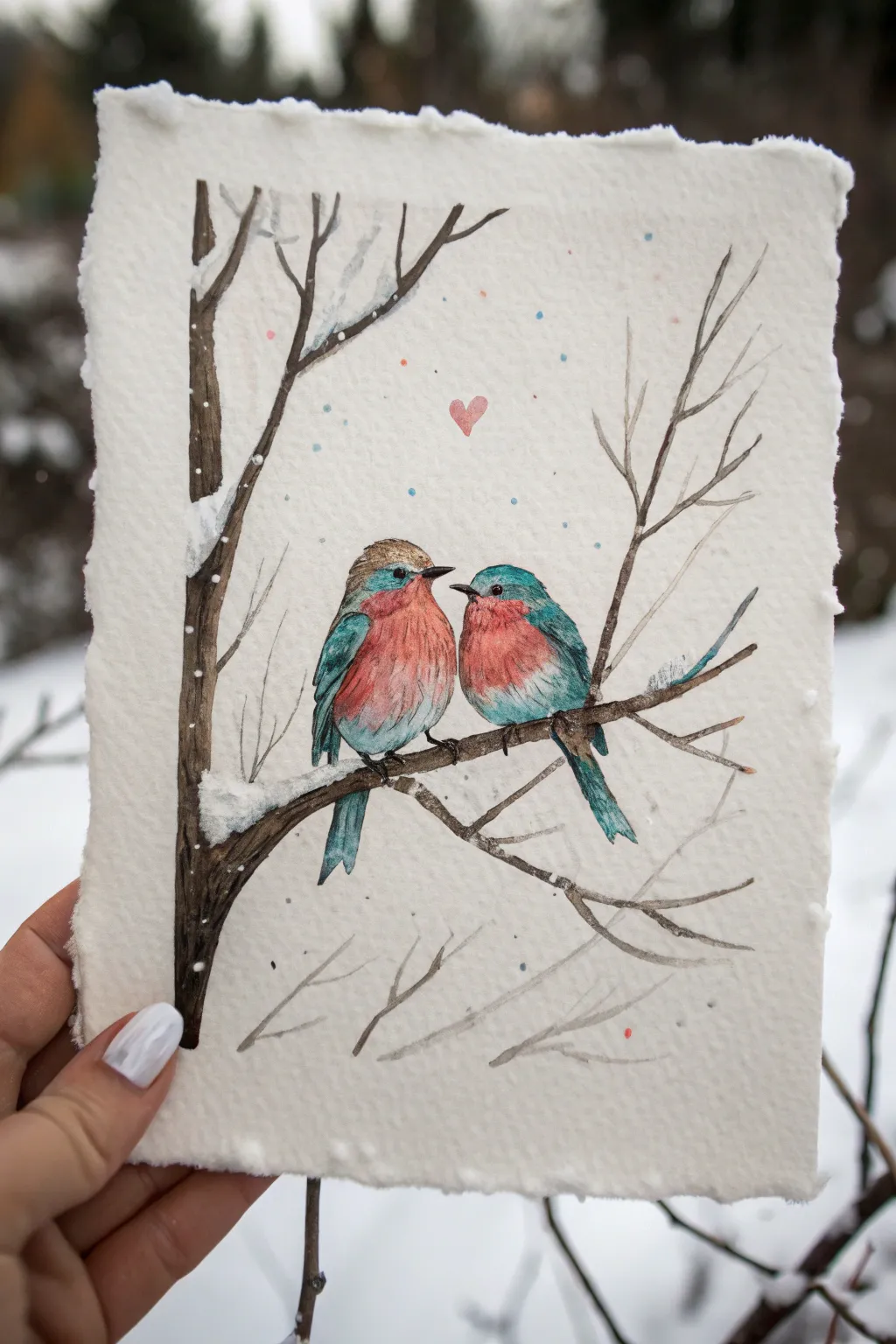 Minimalist February drawing idea: lovebirds cuddling on a bare winter branch with hidden heart