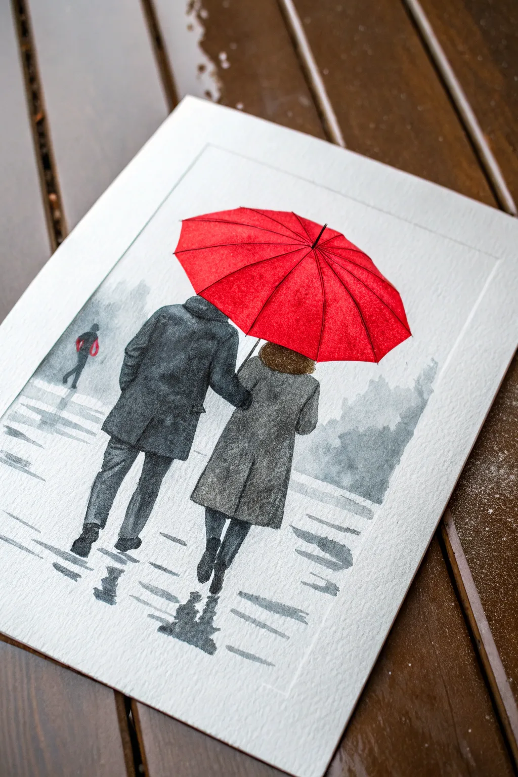 Minimalist February rain romance with a bold red umbrella as the striking focal point