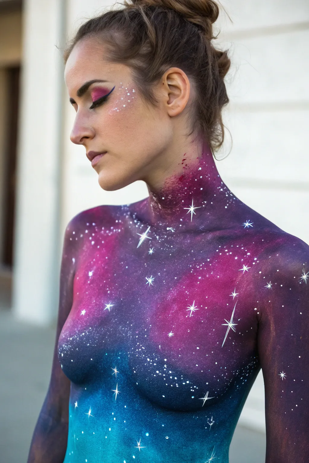 Galaxy goddess body paint: indigo-to-magenta fade with starlit specks and nebula glow