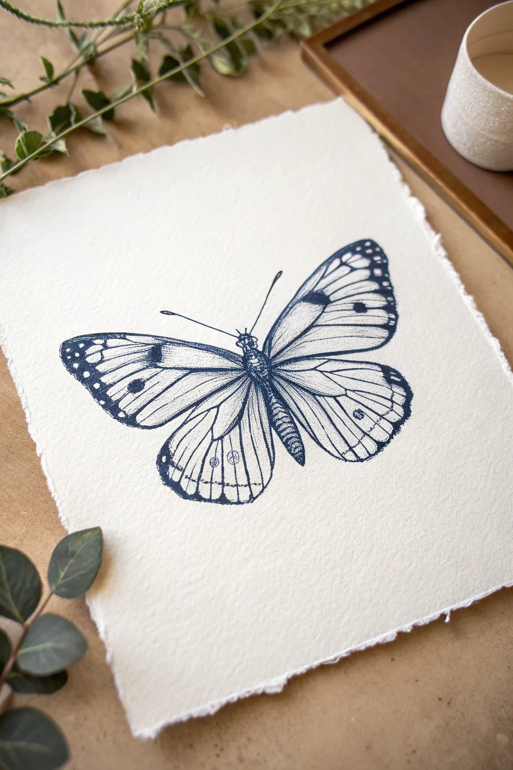 Fine line butterfly wing details with airy ink patterns, minimalist and softly boho.
