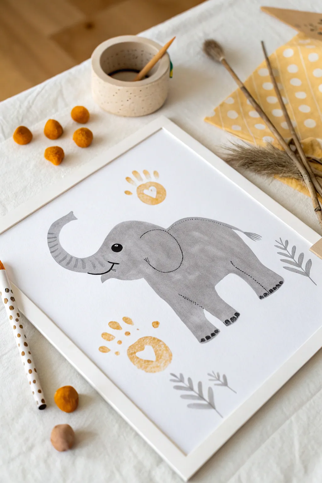 Handprint elephant with fingerprint confetti dots, minimal and sweet for toddler painting time