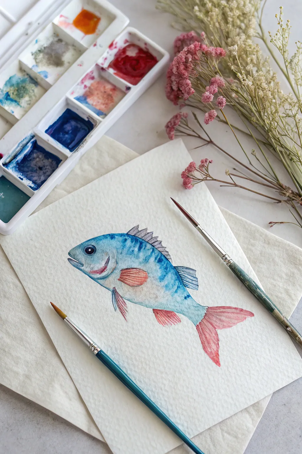 Loose watercolor fish with vibrant color bleeds, crisp contrast, and a calm minimalist vibe