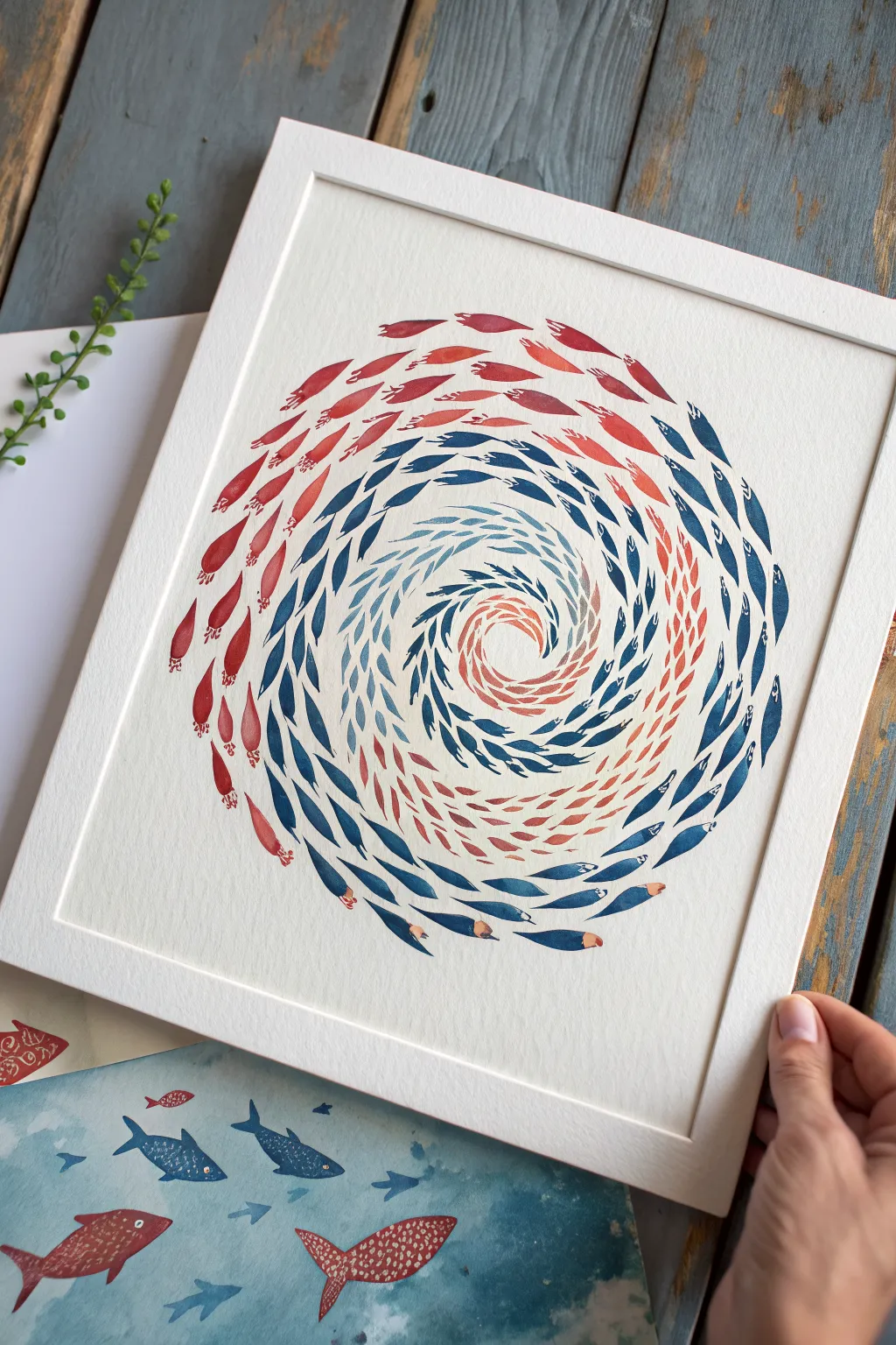 Swirling school of fish painting with flowing currents and bold Scandinavian-boho color contrast