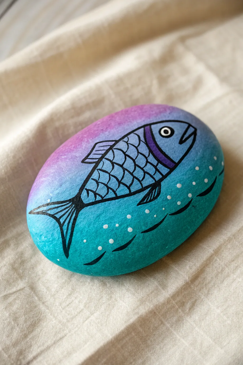 Smooth ombre fish rock in teal to violet, minimalist lines and a clean boho backdrop