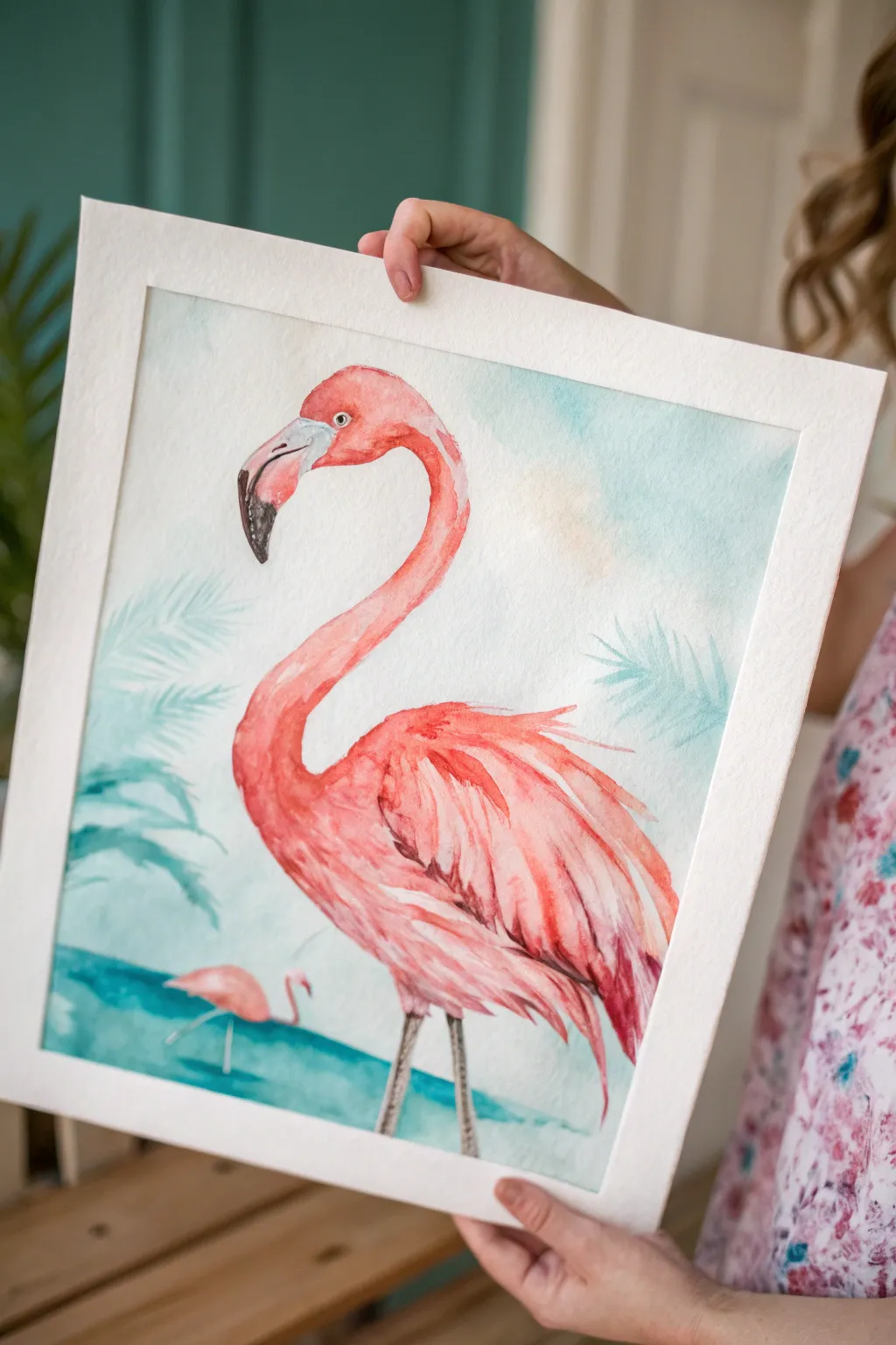Loose watercolor flamingo washes with soft blooms and crisp eye detail in bold pink and teal
