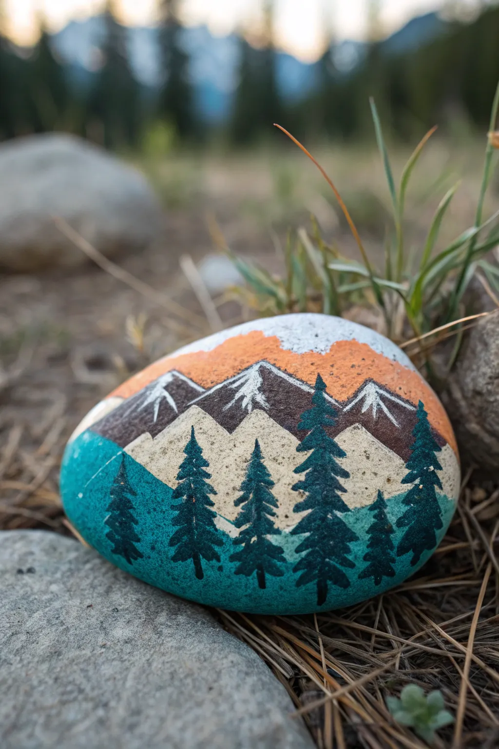 Mini mountain rock art with pine silhouettes, crisp contrast, and a second seasonal palette