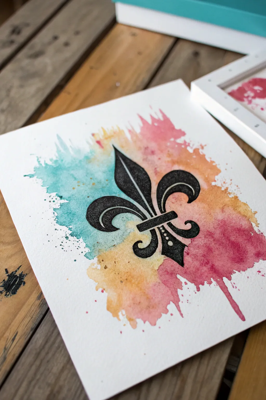 Bold abstract color splashes behind a crisp fleur de lis silhouette for a modern, artsy pop