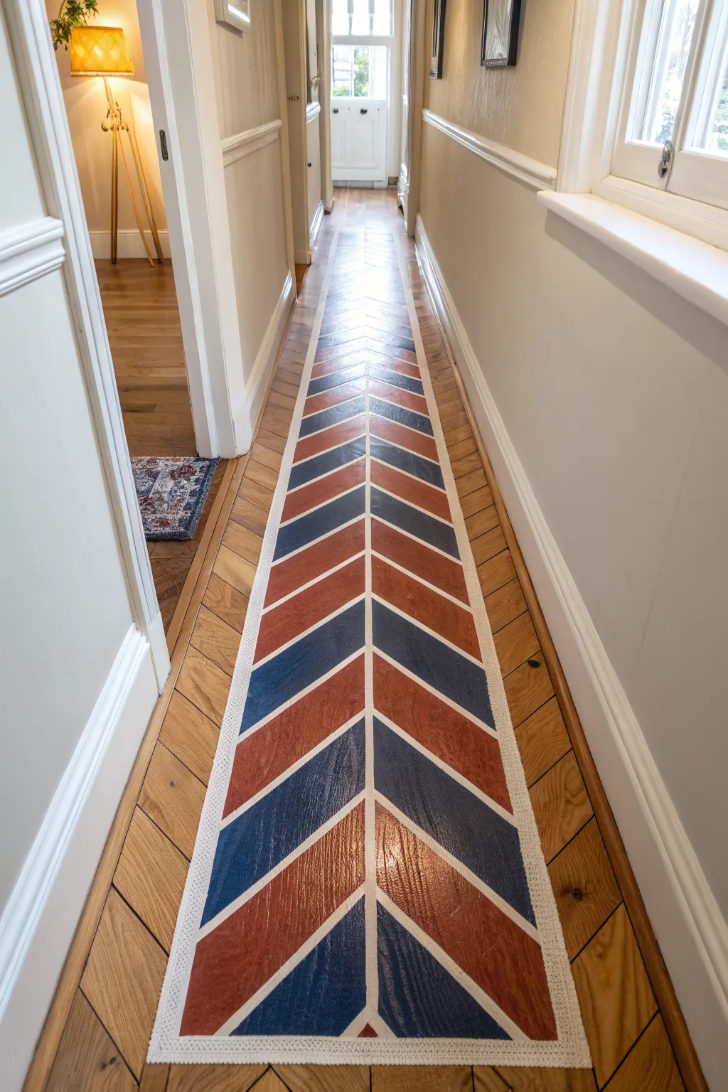 Chevron painted floor runner that elongates narrow rooms with bold color and subtle sheen