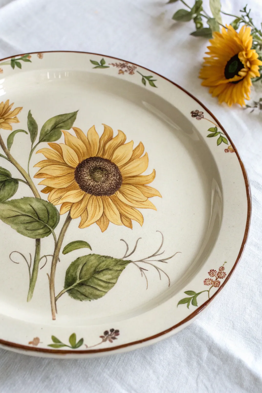 Sunflower corner cluster plate painting on warm wood for a cozy minimalist boho look