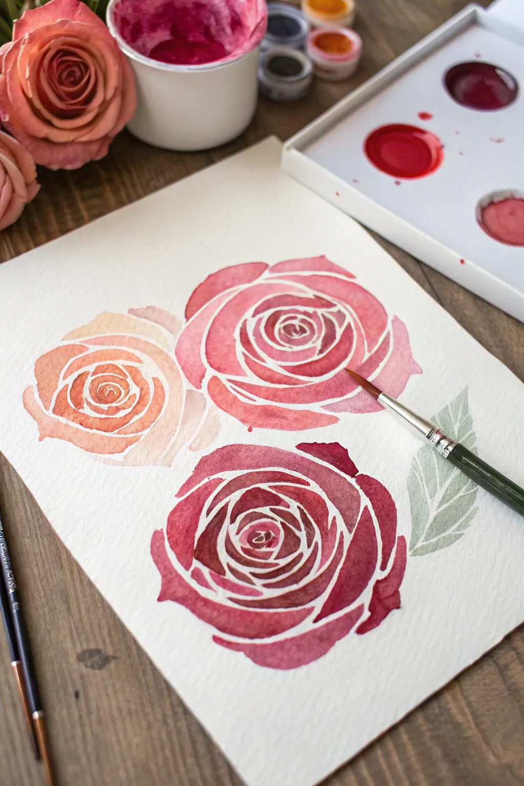 Spiral brushstroke roses in bold pinks and reds, a minimalist flower art idea to try