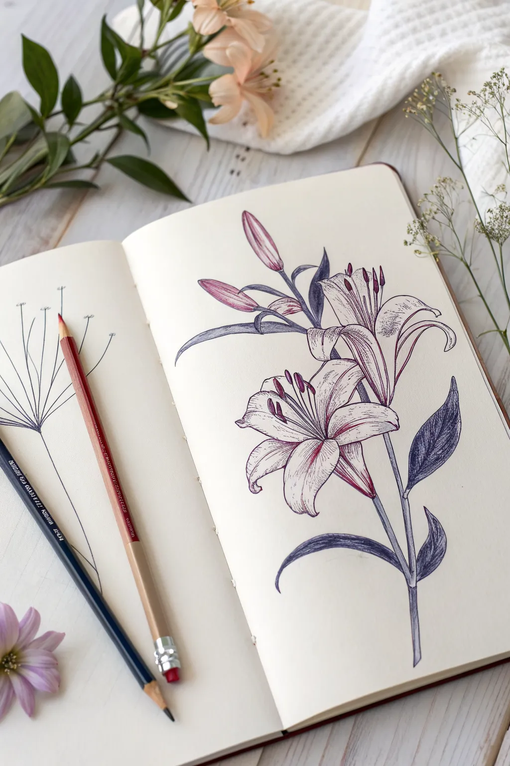 Elegant lily doodle with long petals and stamens, simple lines with a warm boho color wash