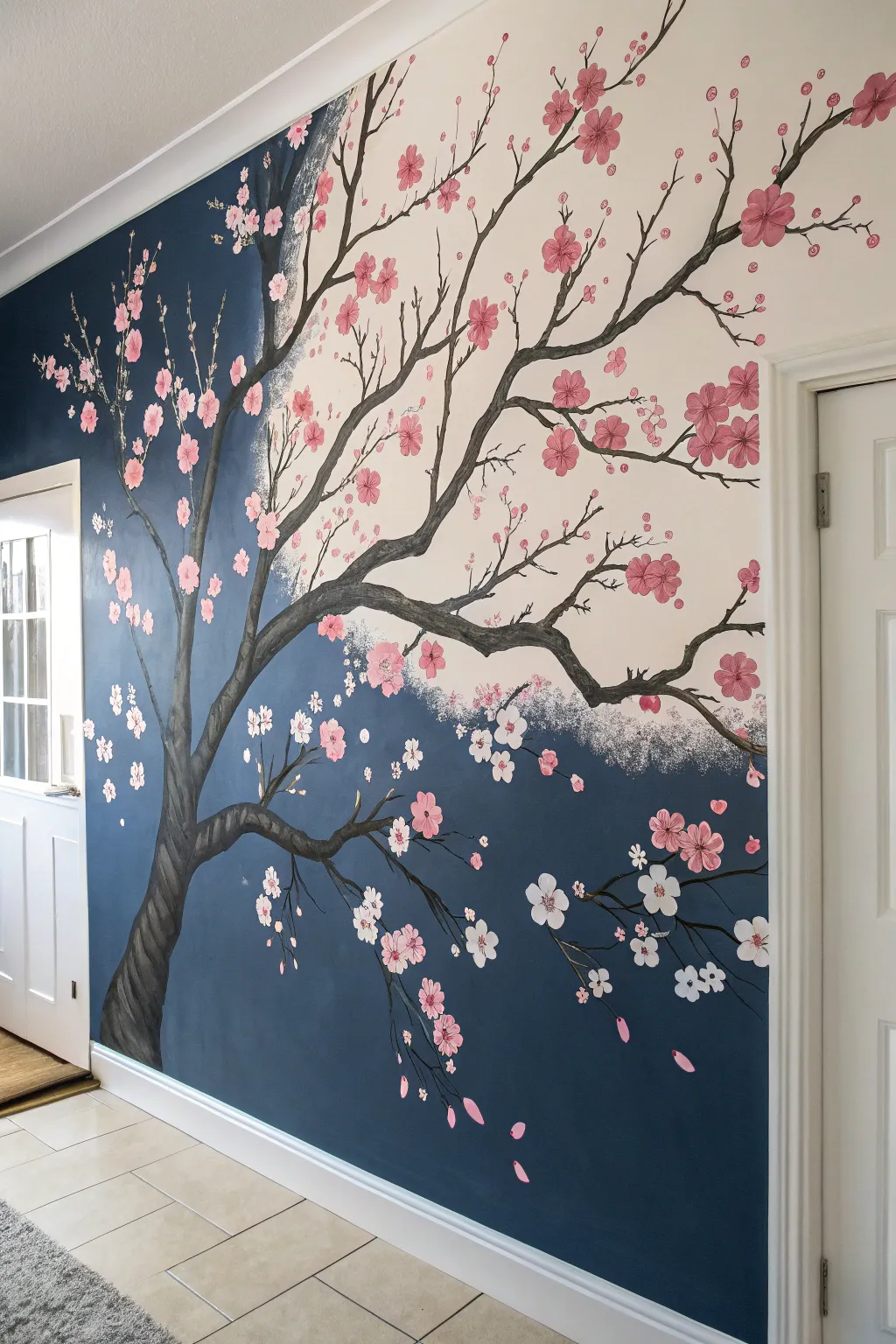 Cherry blossom branches sweeping diagonally for a light, springy mural with bold contrast