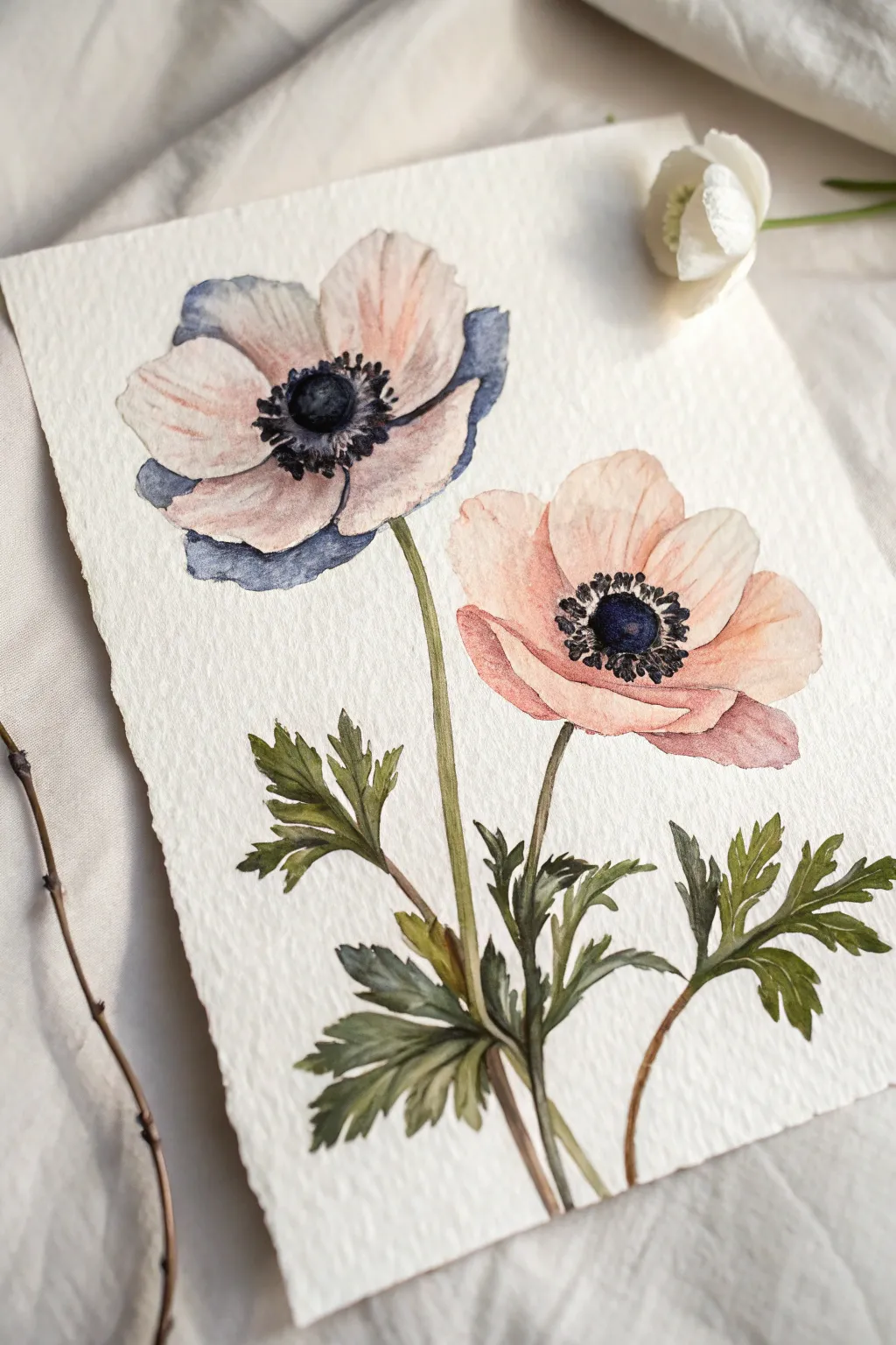 Minimal anemone painting: inky dramatic centers, soft pale petals, and clean Scandinavian calm