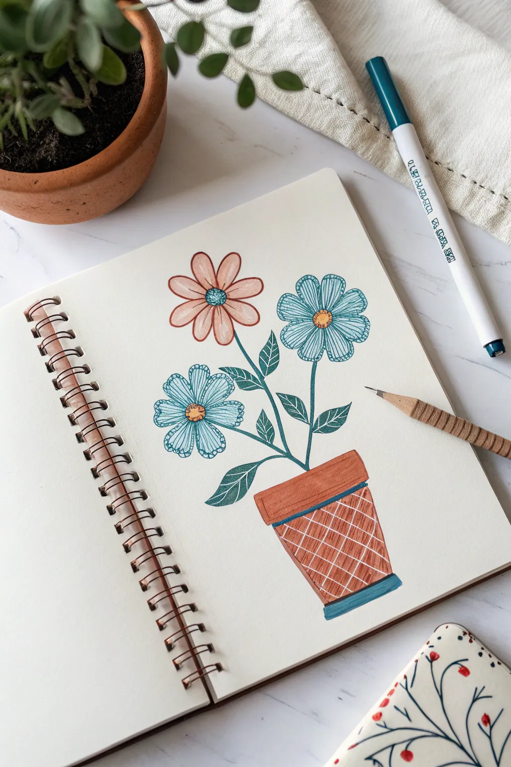 Try a terracotta pot with teal blooms using clean marker blocks and pencil texture for bold contrast.