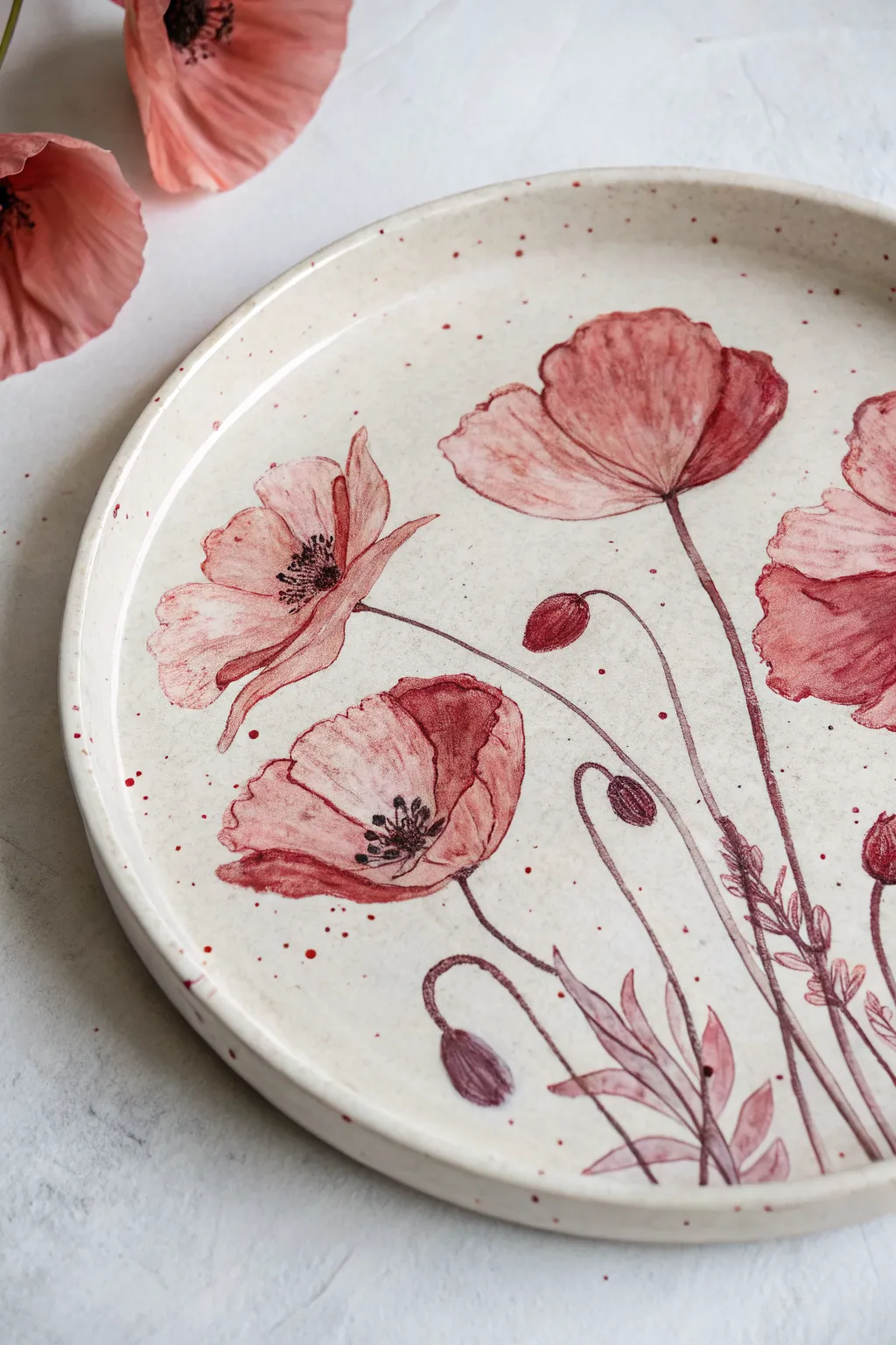 Poppy petal watercolor wash on a minimalist ceramic plate, dreamy, airy, and beautifully handmade.