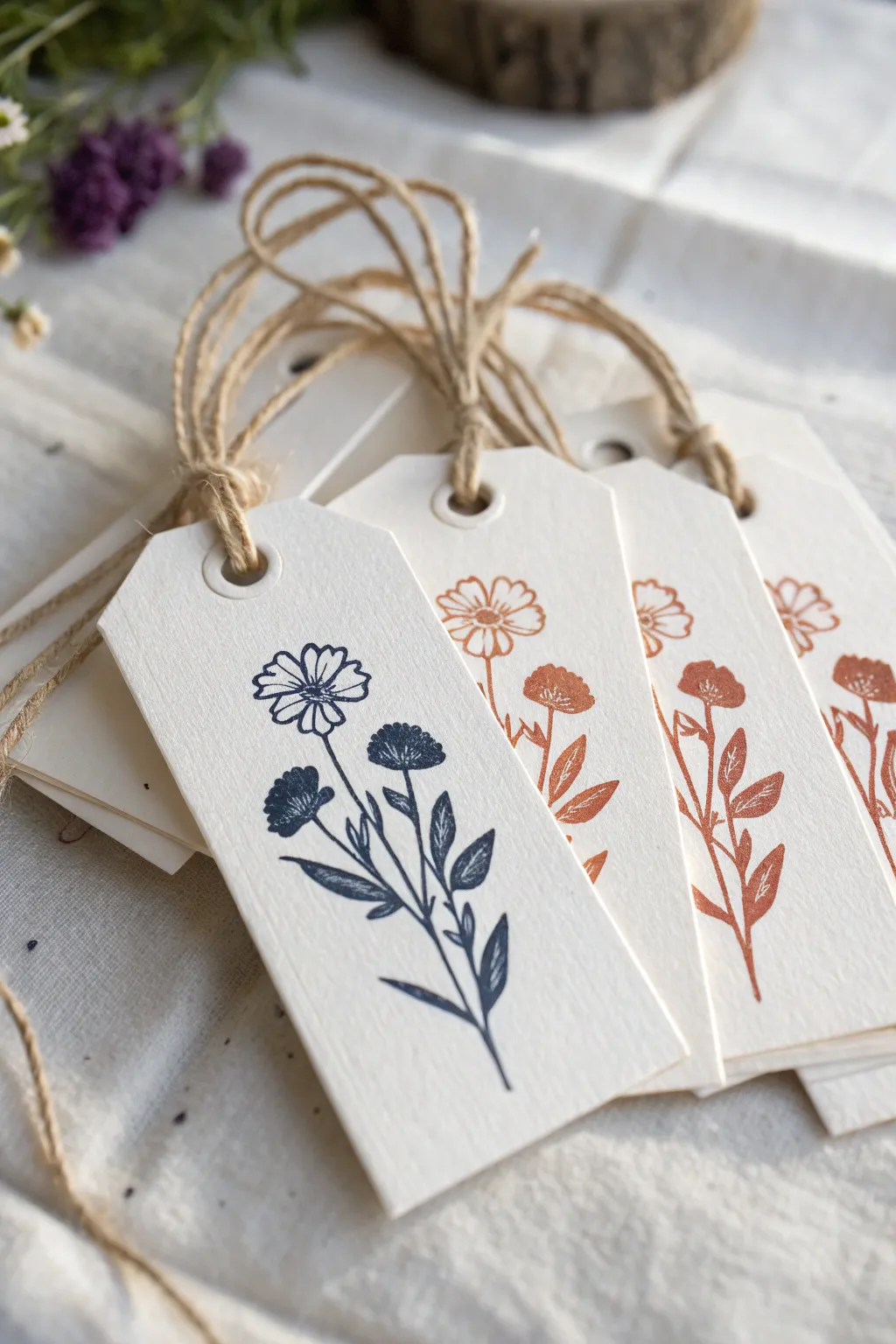 Mini flower-stamped gift tags with bold ink contrast, simple handmade labels for pretty wrapping.