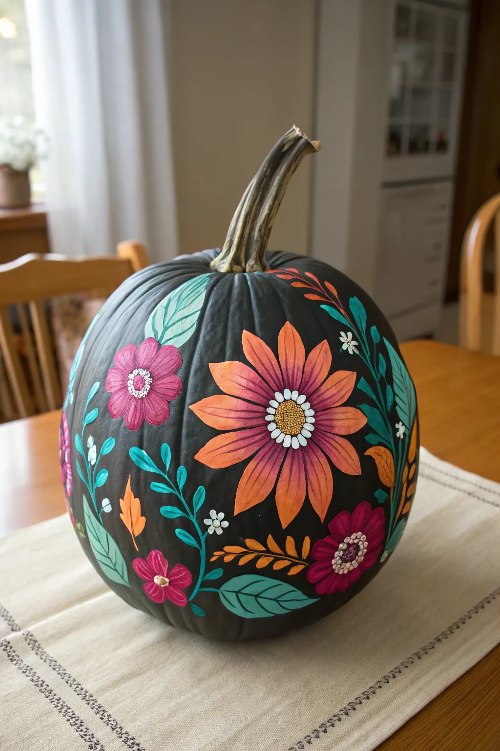 Moody charcoal pumpkin with vivid florals for a bold yet cozy autumn craft centerpiece.