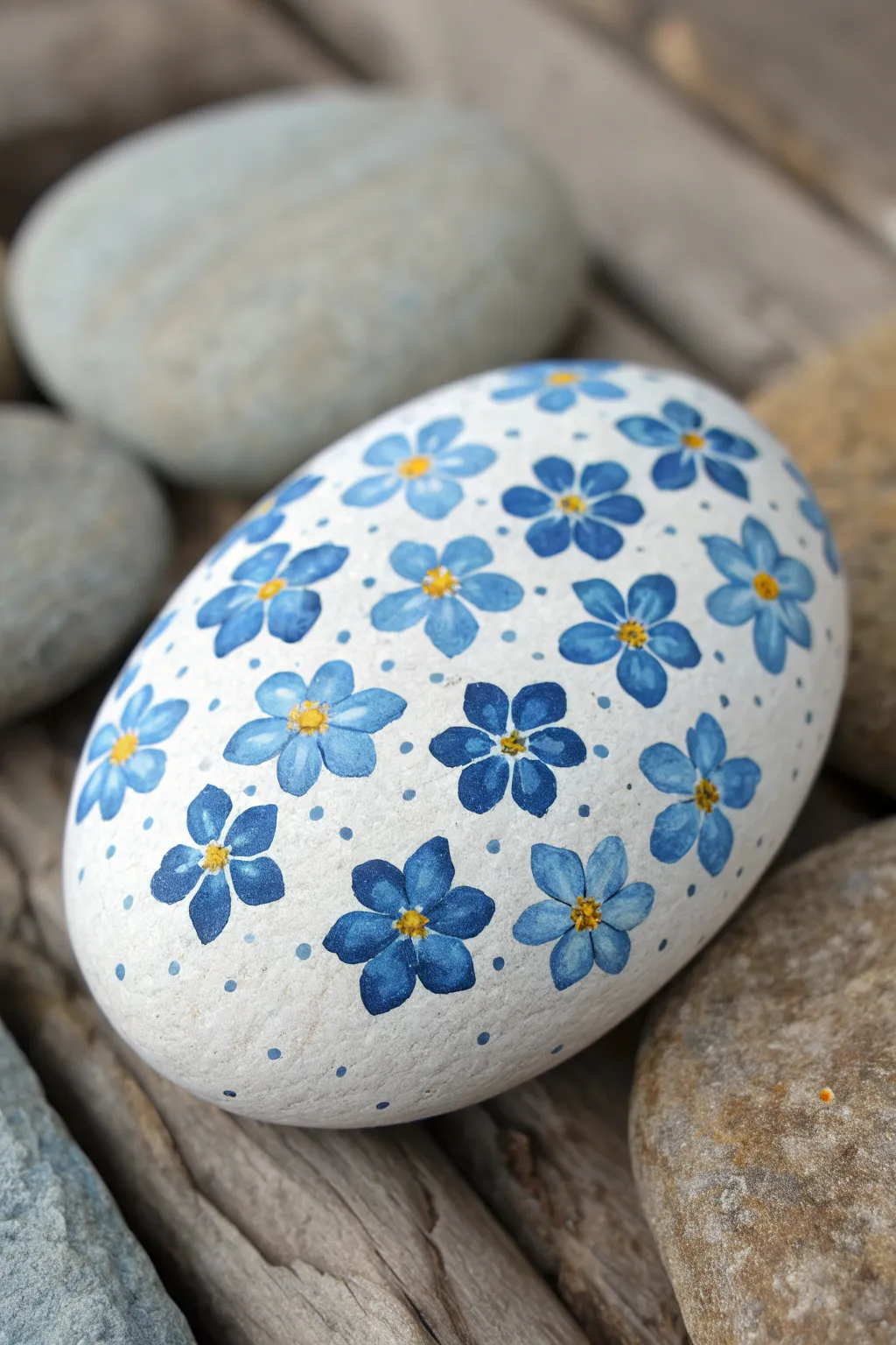 Forget-me-not all-over pattern rock painting in bold blues with clean Scandinavian minimal styling