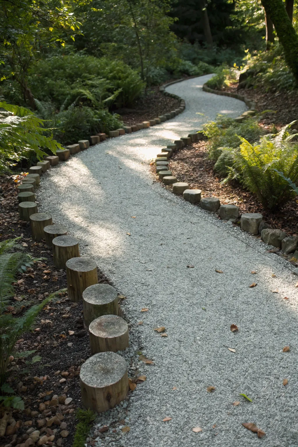 Meandering gravel path framed by logs and lush ferns, minimalist forest charm in bold greens.