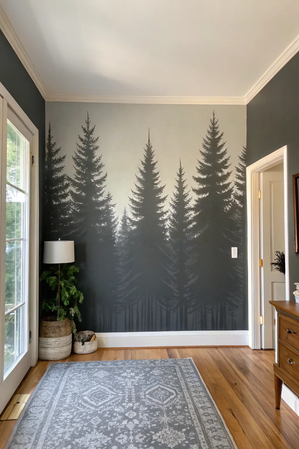 Monochrome forest silhouette wall: clean Scandinavian style with cozy off-white warmth.