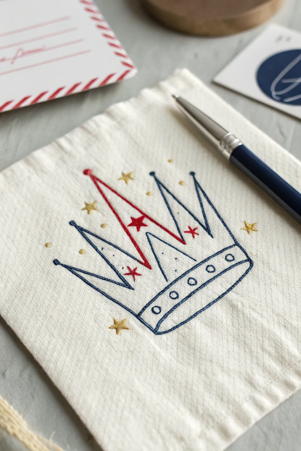 Liberty crown mini icon doodle in bold red and navy with tiny sparkles for a festive touch
