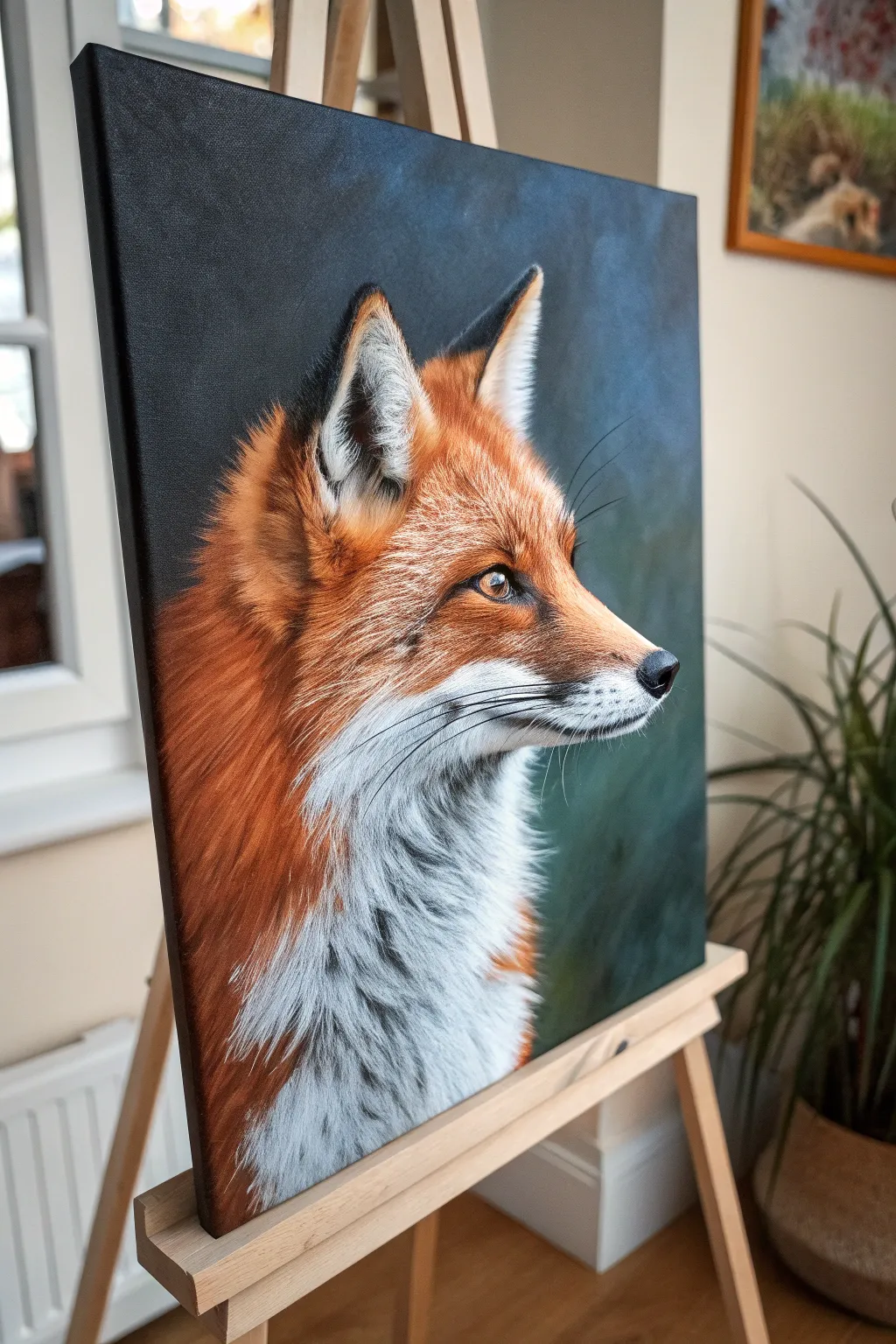 Bold acrylic fox portrait with visible brushstrokes and punchy highlights on a mid-tone ground.